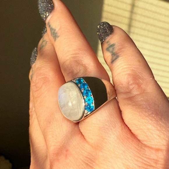 Sterling silver and moonstone with lab blue topaz size 8 - Picture 2 of 4